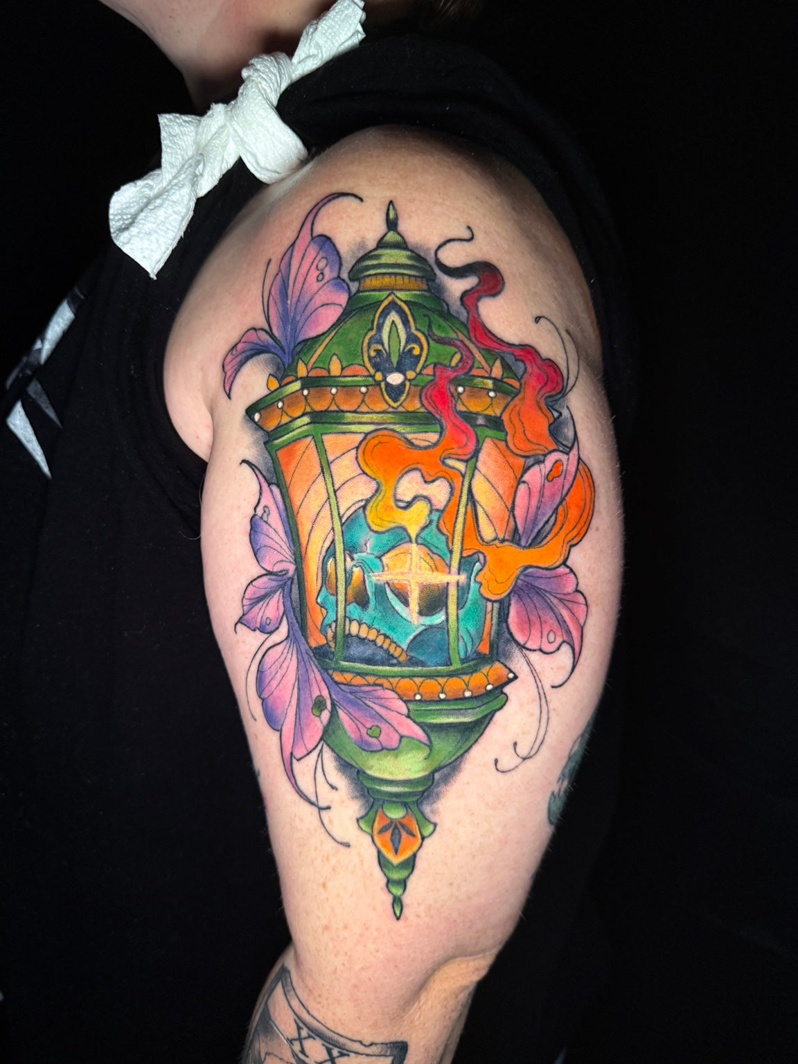 Colorful lantern tattoo with flowers — by Chelsea Hughes