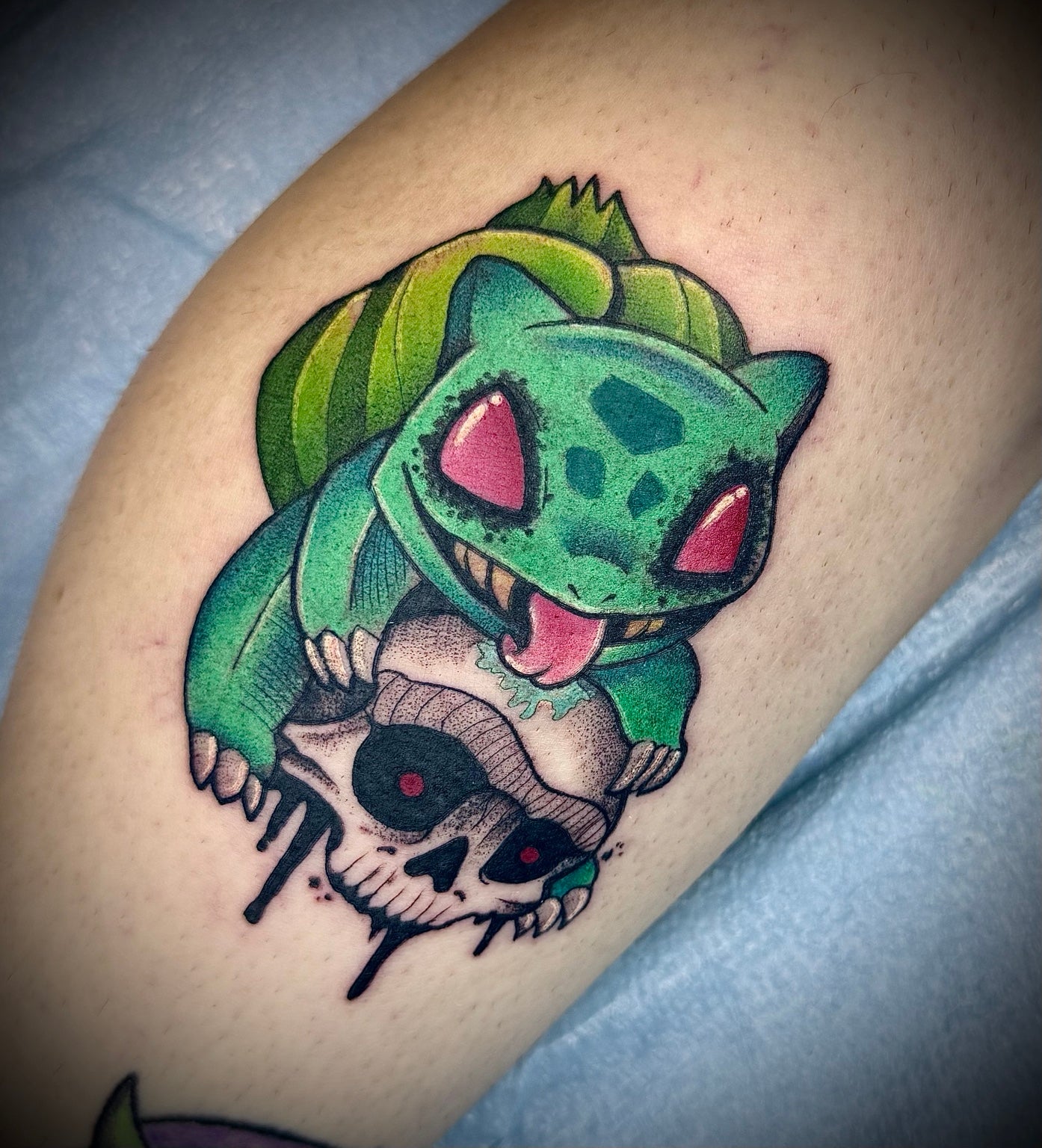 Colorful Bulbasaur tattoo — by Chelsea Hughes