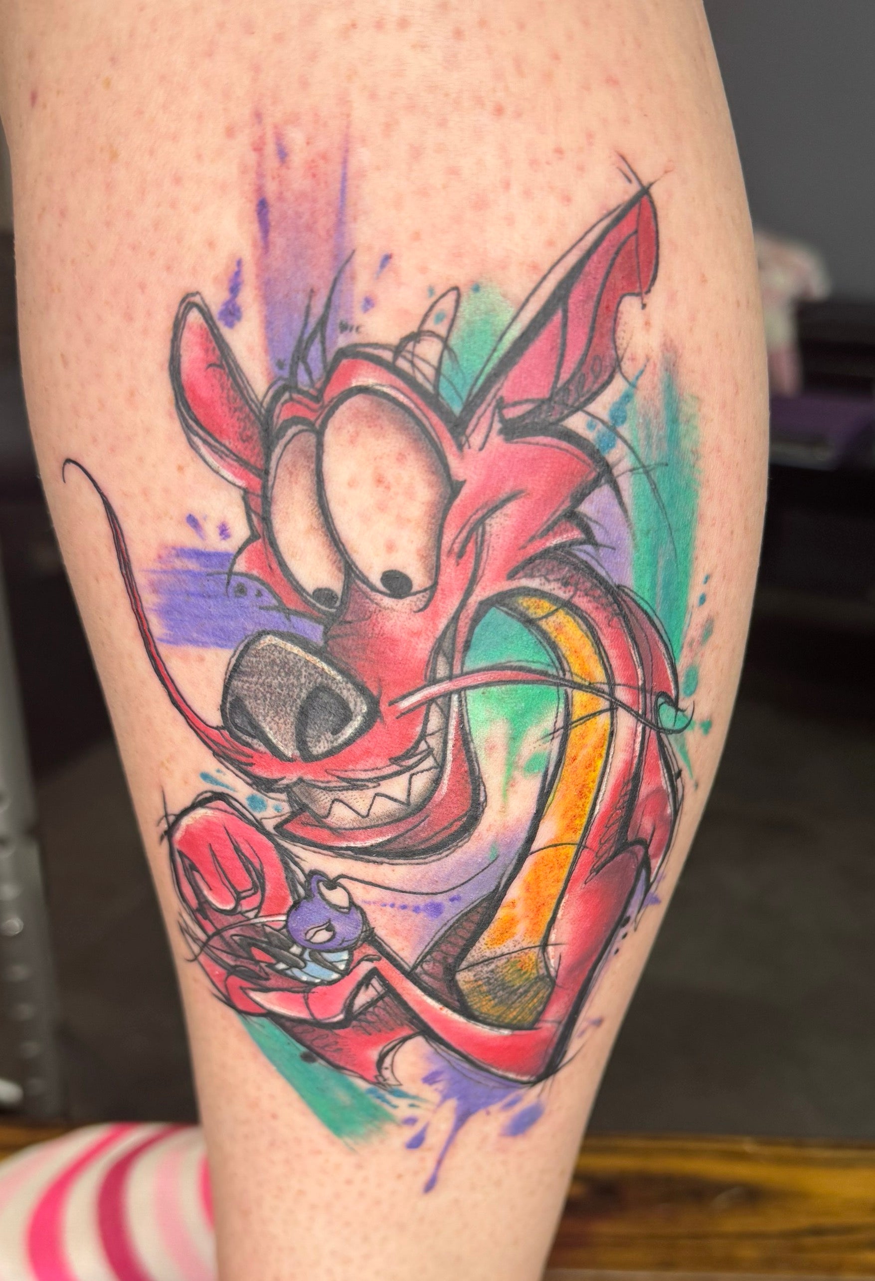 Colorful illustrative character tattoo — by Chelsea Hughes