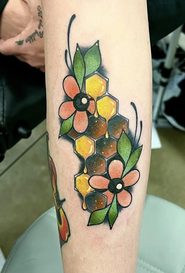 Honeycomb and flower tattoo — by Chelsea Hughes