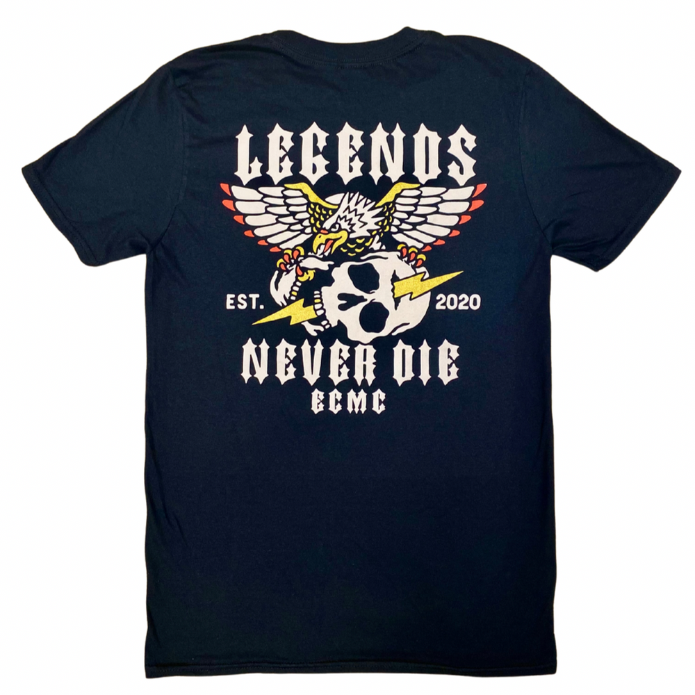 Legends Never Die - The shirt is printed on our black