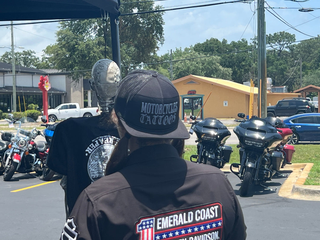 Motorcycles, Tattoos, Dark shit Trucker hat - Burnouts Garage Apparel